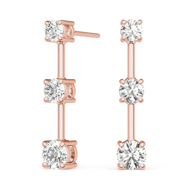 14K Rose Gold Round Diamond Three Stone Earrings