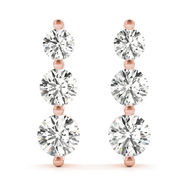 14K Rose Gold Round Diamond Three-Stone Earrings