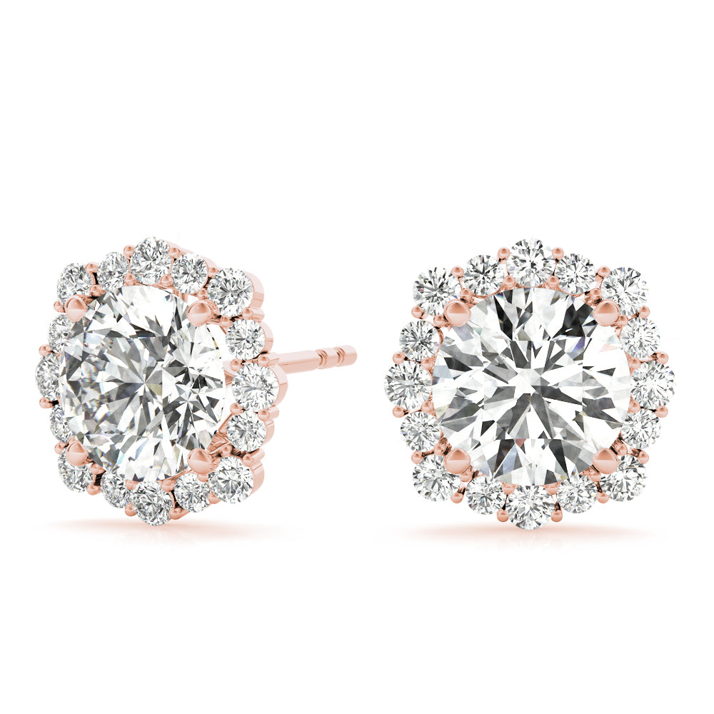 14K Rose Gold Round Diamond Halo Earrings
