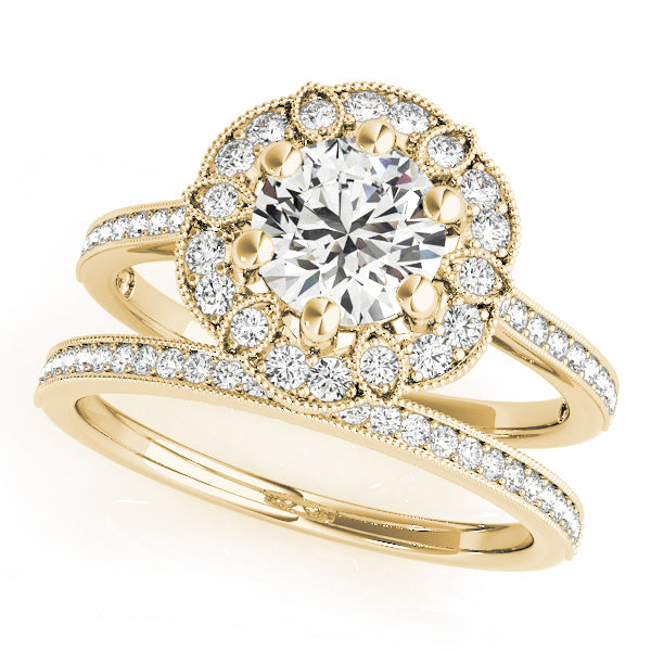 14K Yellow Gold Round Diamond Halo Engagement Ring