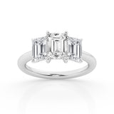14K White Gold 3ct Emerald Cut Lab Diamond Trilogy Ring