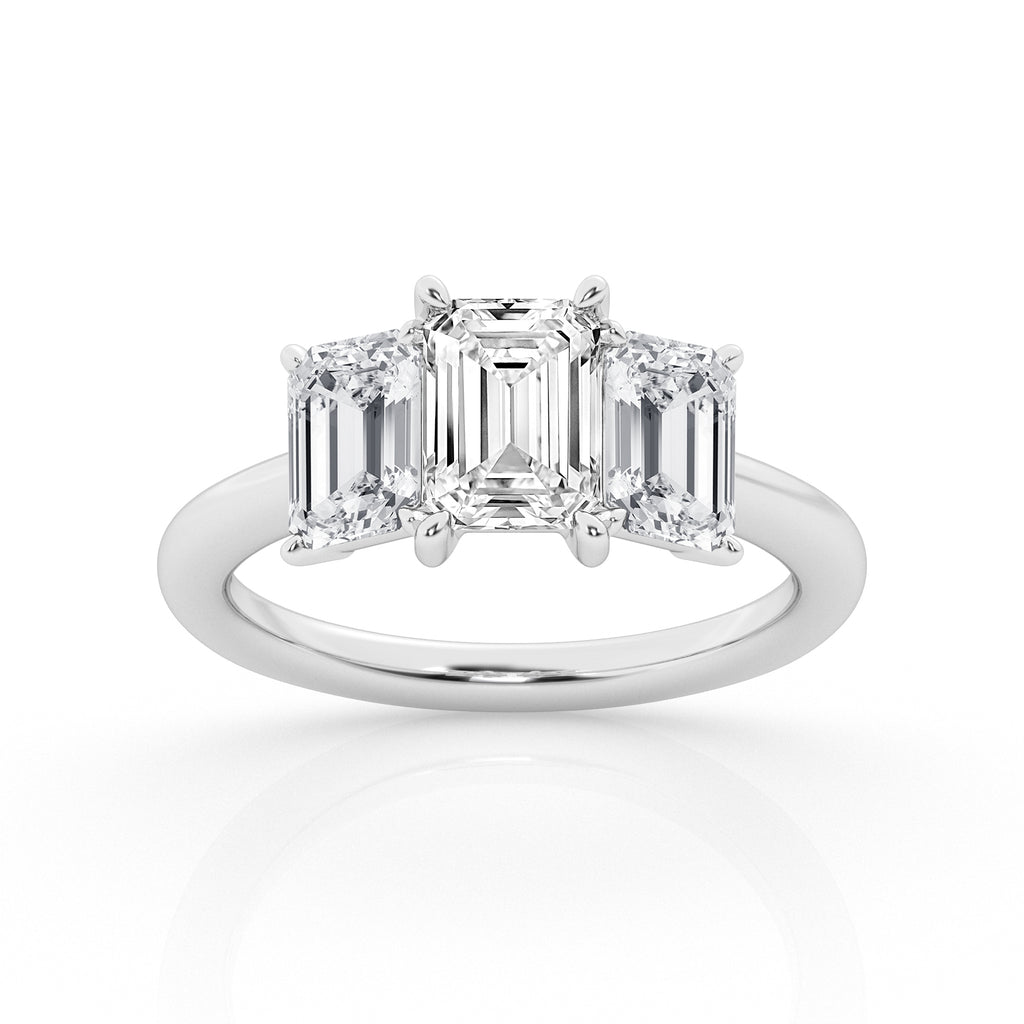14K White Gold 3ct Emerald Cut Lab Diamond Trilogy Ring