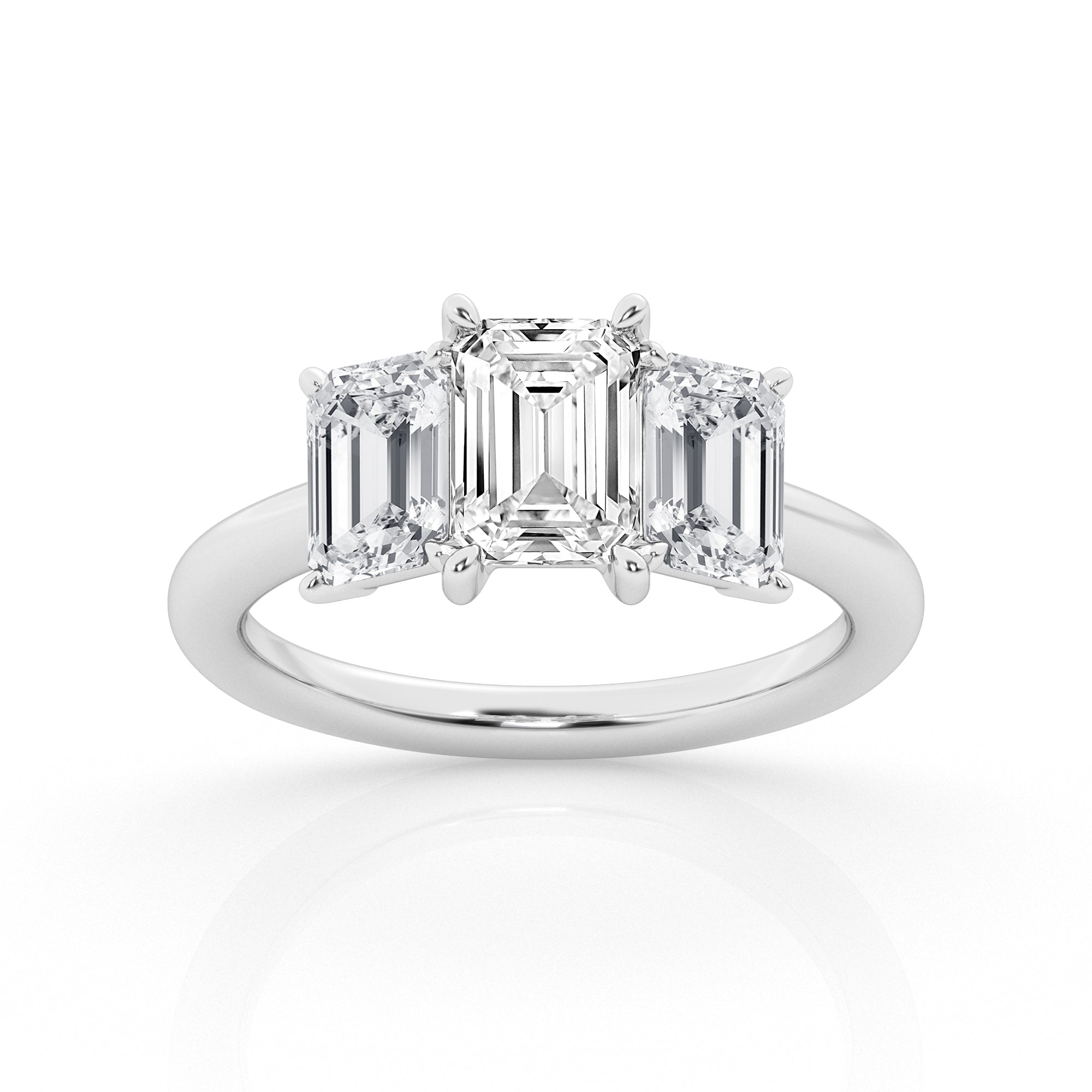 14K White Gold 3ct Emerald Cut Lab Diamond Trilogy Ring