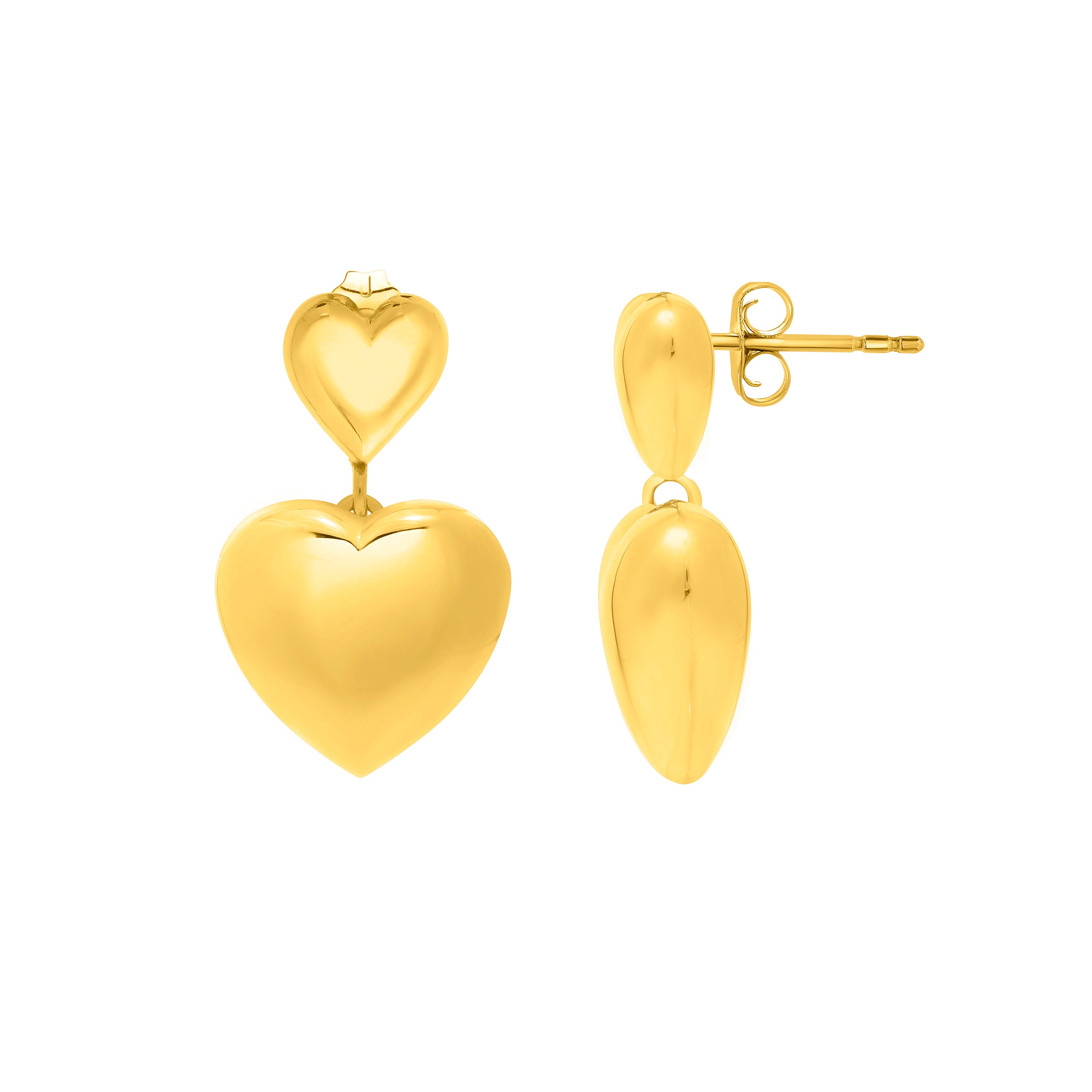 Gold Over Silver Puffed Double Heart Drop Earrings