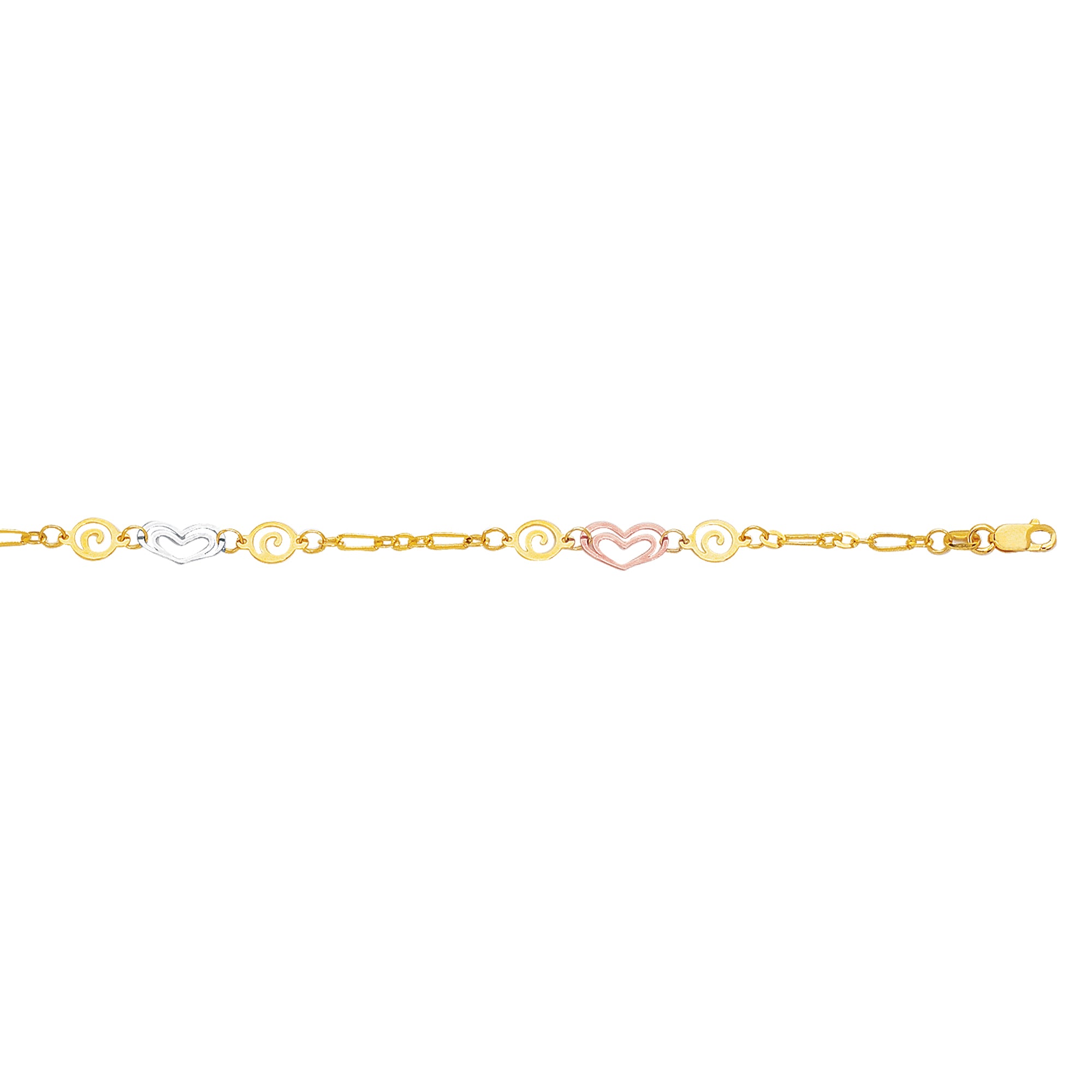 14K Tri-color Gold Heart and Swirl Anklet