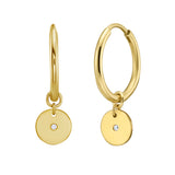 14K Gold Diamond Disc Charm Hoops