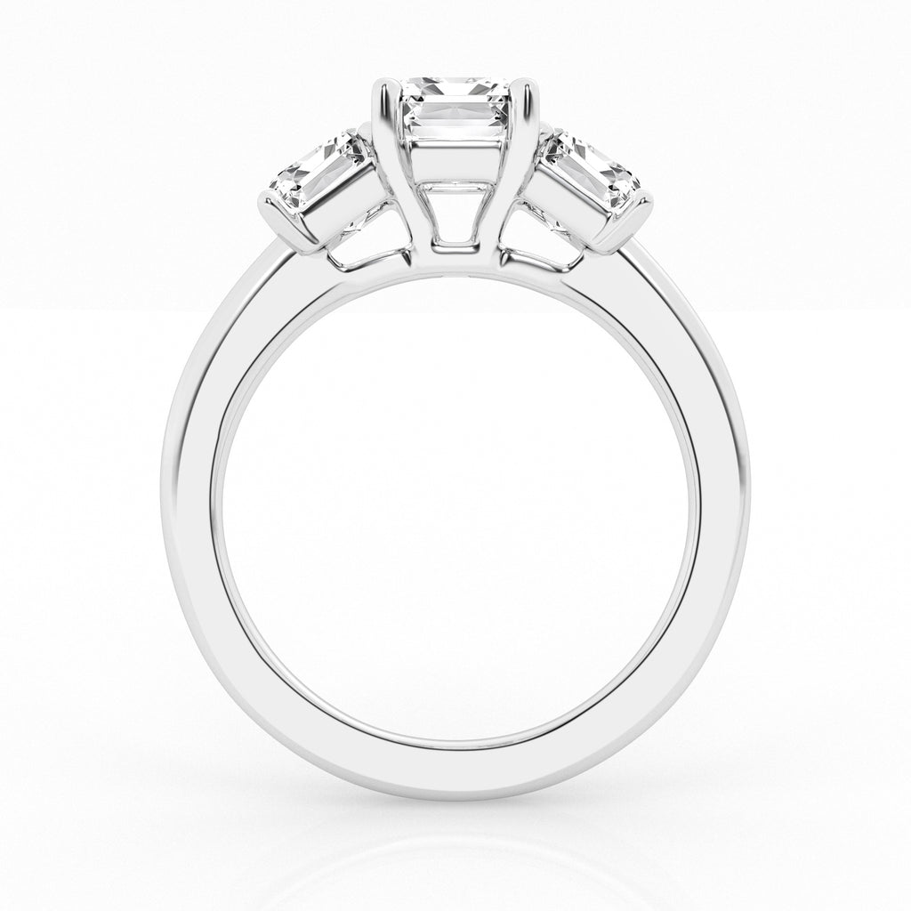 14K White Gold 3ct Emerald Cut Lab Diamond Trilogy Ring