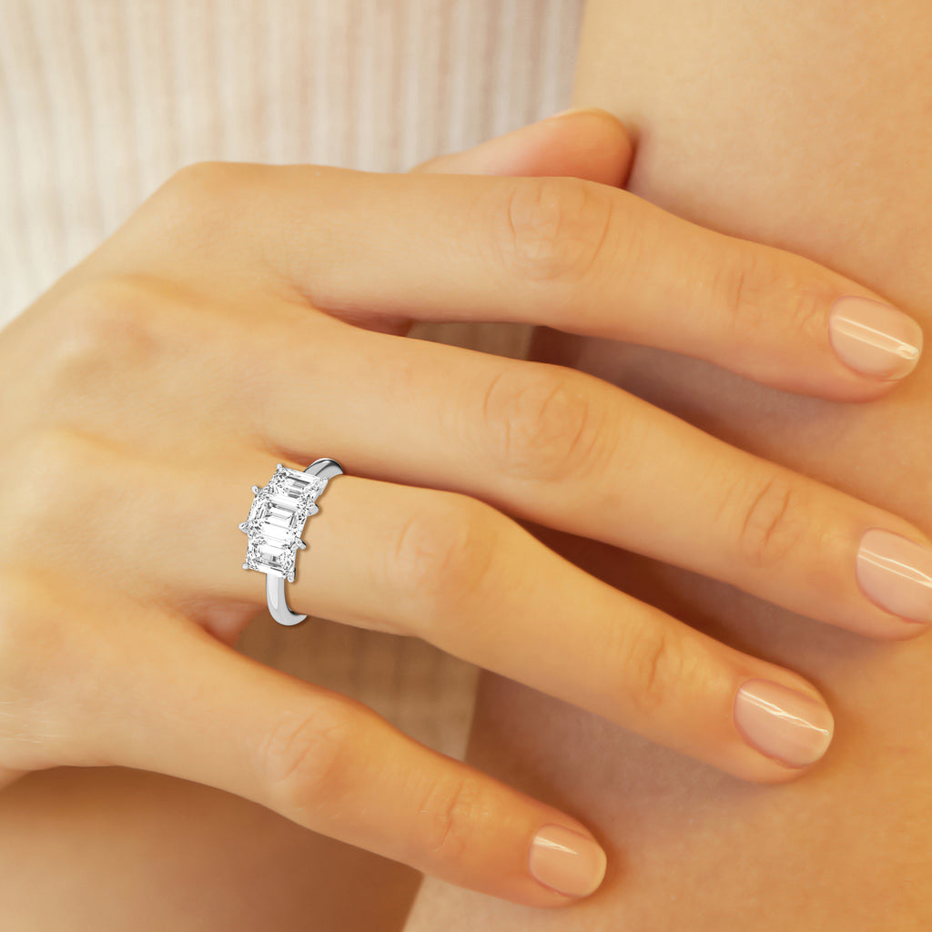 14K White Gold 3ct Emerald Cut Lab Diamond Trilogy Ring