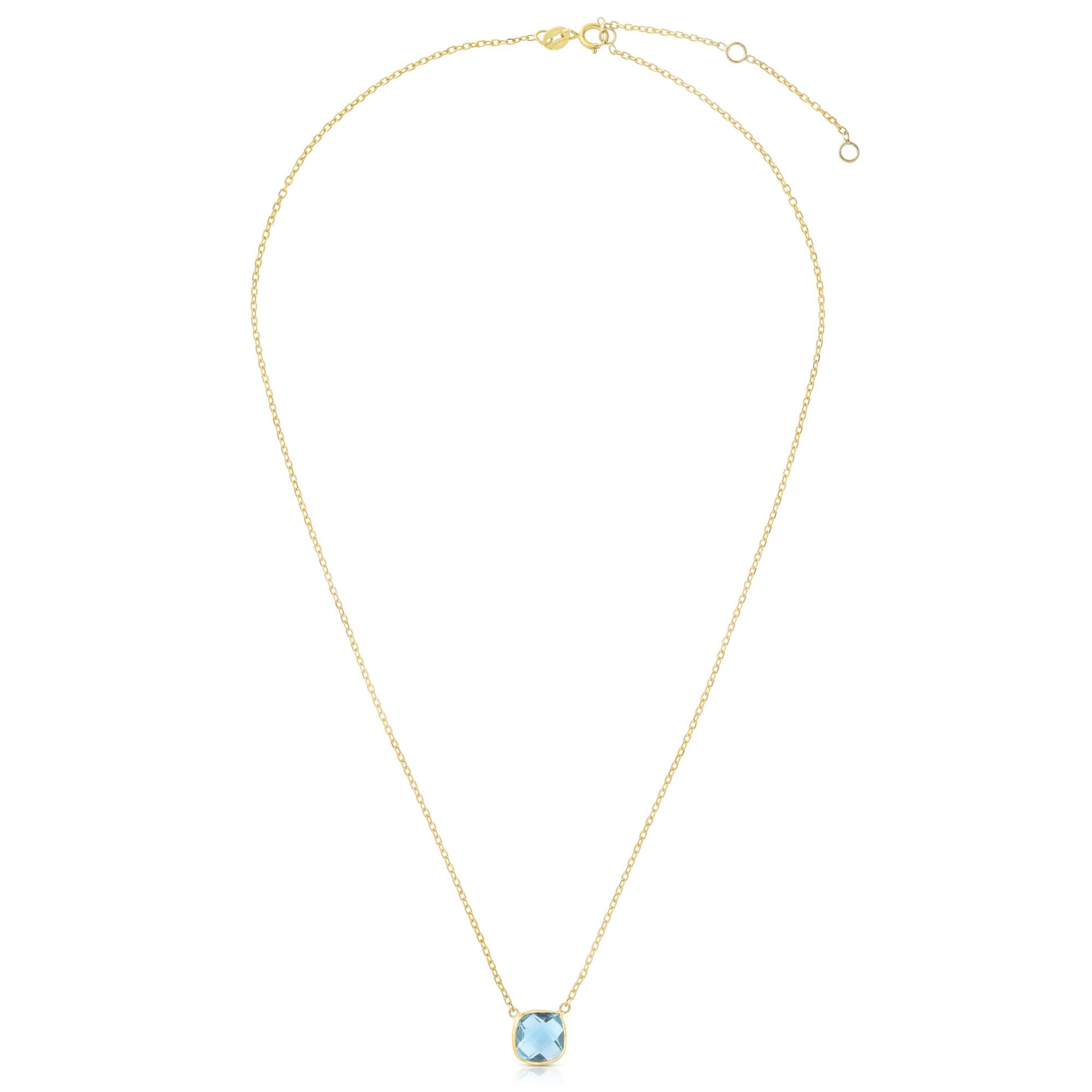 14K Gold Blue Topaz Cushion Solitiare Necklace