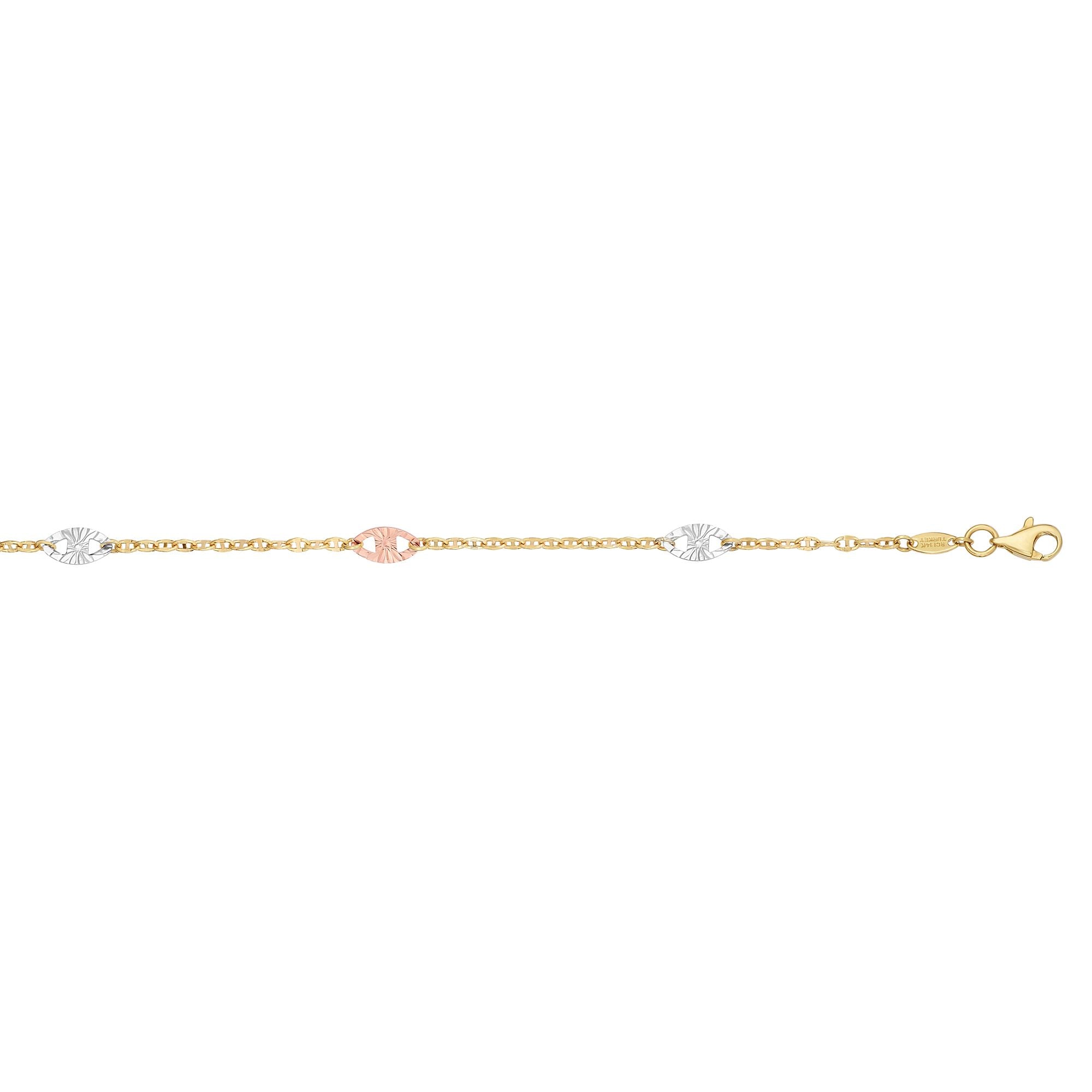 14K Tri-color Gold Diamond Cut Anklet